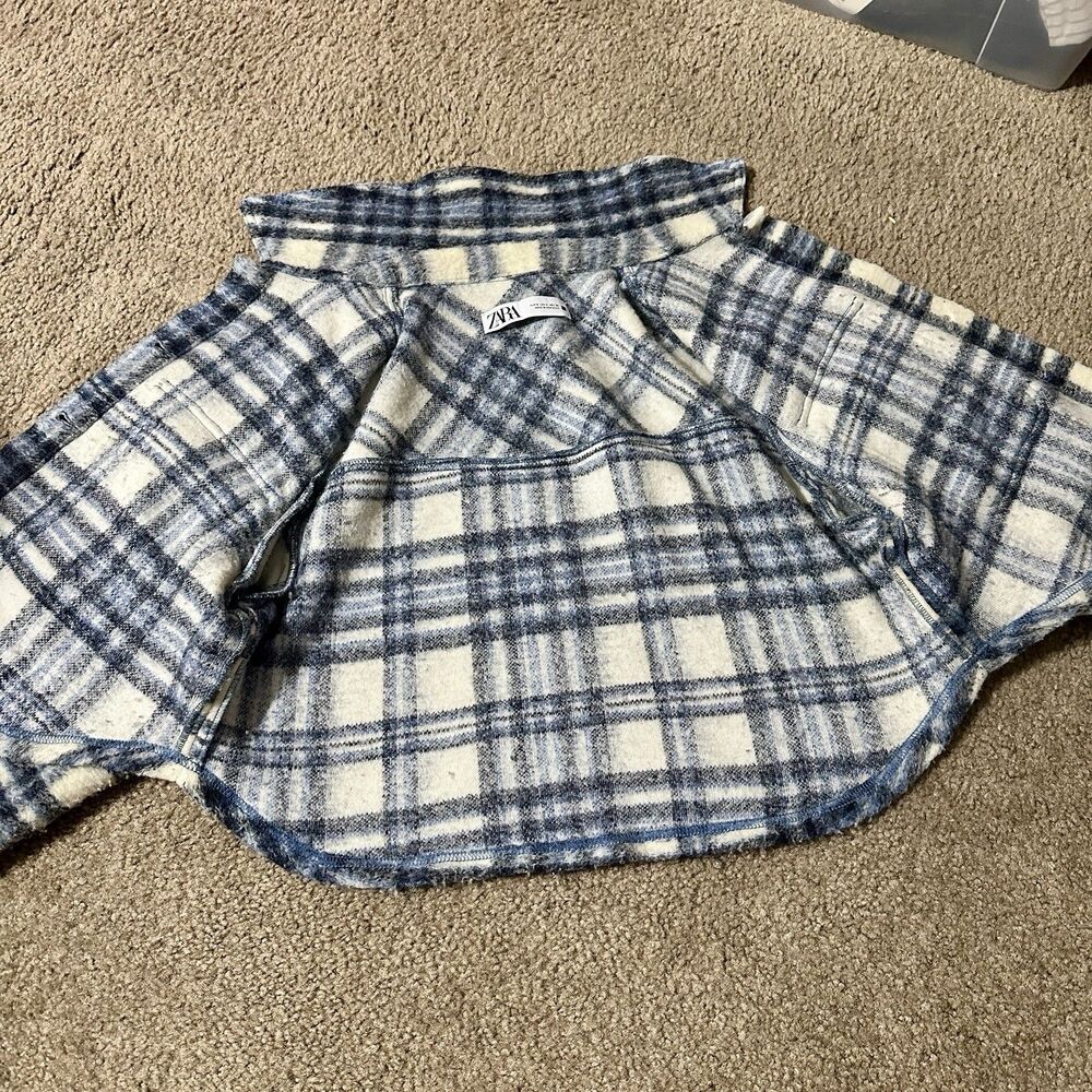 Zara Plaid Cropped Jacket Shacket Blue/Cream Button Front Size S - Picture 9 of 11